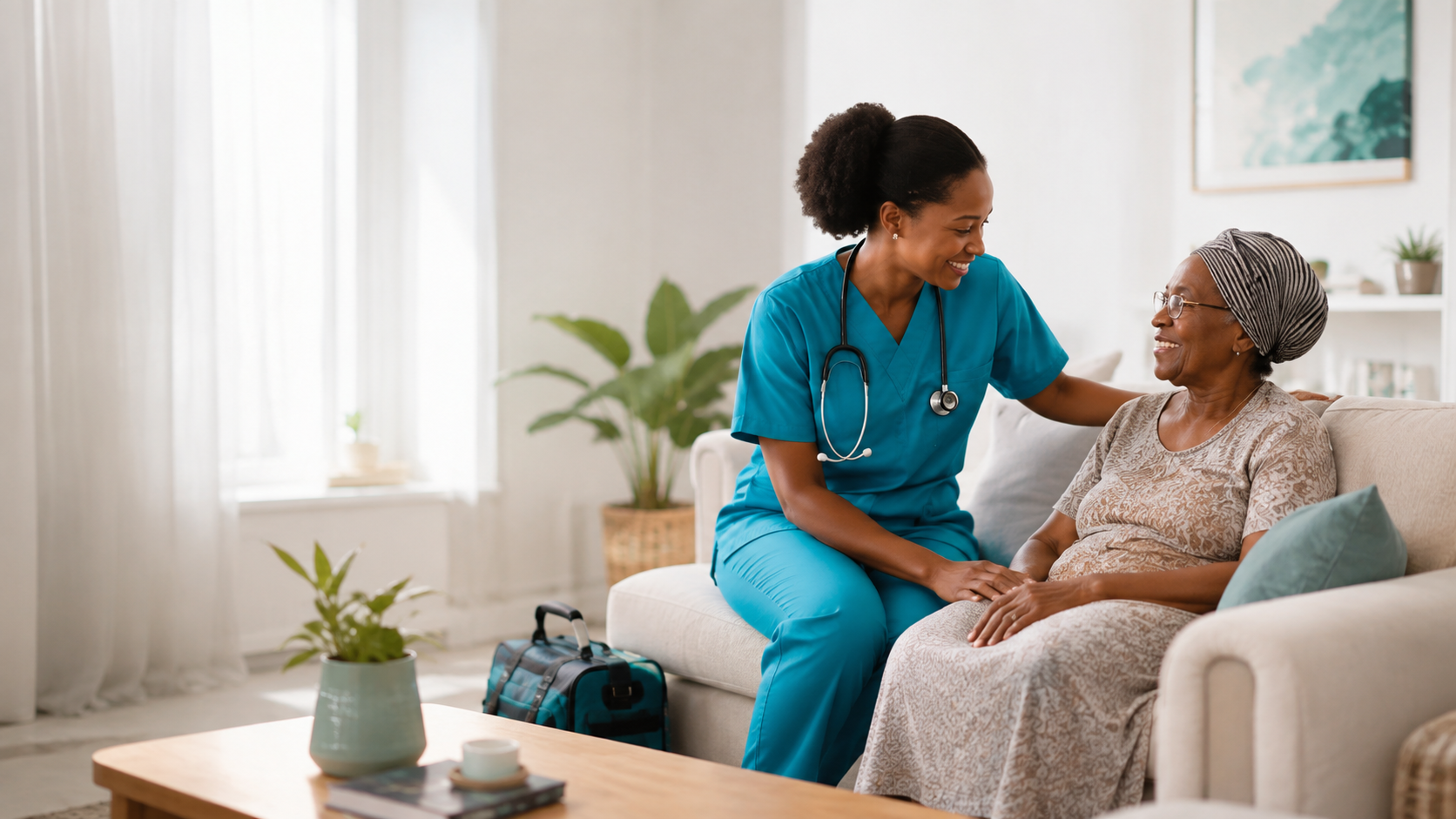 A healthcare professional caring for an older patient at home